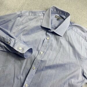 Ash Erie Mens 15.5 Blue Solid Button Down Long Sleeve Shirt Classic Fit Cotton